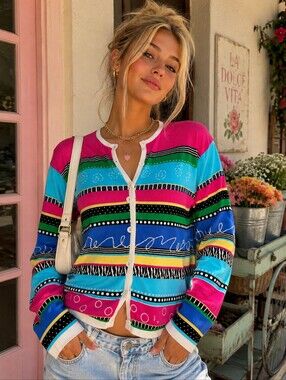 VINTAGE FISHER HILL Cardigan Womens Large Multicolor Y2K Embroidered Artsy Boho